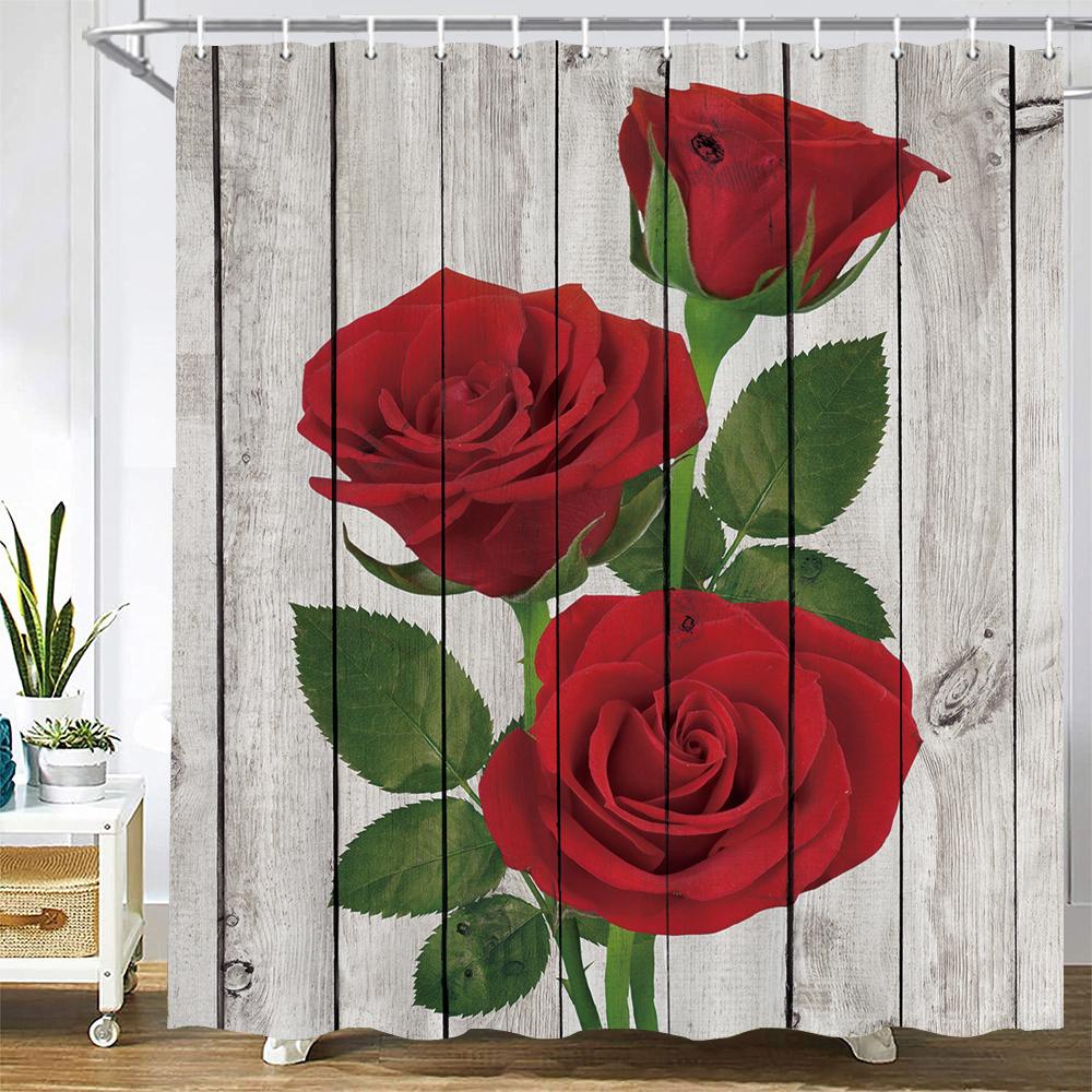 Red Rose Bath Curtain Waterproof Shower Curtains Polyester Flowers Romance Love Bath Screen Printed Curtain For Bathroom Decor