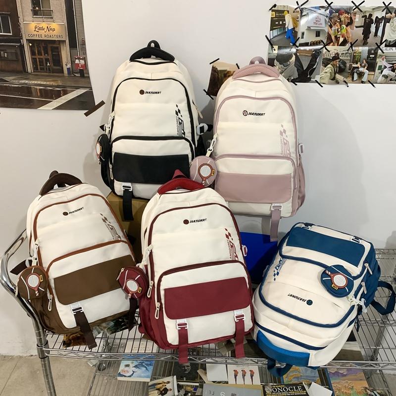 Junior High School Student Schoolbag Men's Large Capacity Backpack Color Block Backpack with Coin Purse