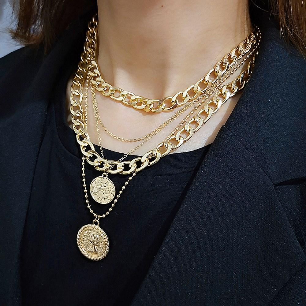 Vintage Multi-Layer Coin Necklace for Women - European & American Style Queen Image Jewelry