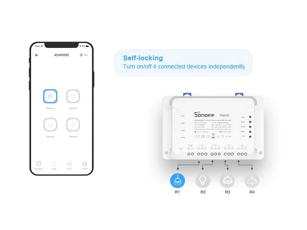 Sonoff 4CH PRO R3: Upgraded 4-way Smart Switch with Voice Control for Home Automation.