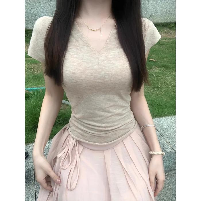 

Женская летняя сексуальная футболка с V-образным вырезом, короткими рукавами, облегающая, однотонная, с подчеркивающей талию посадкой Extra Large абрикосовый