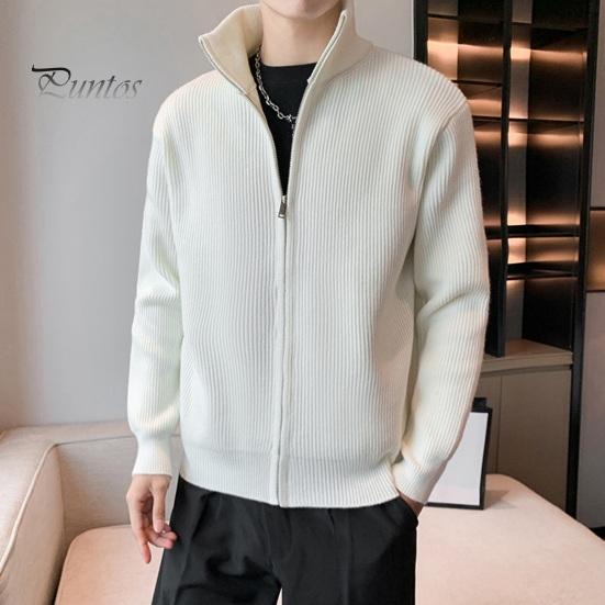 Men Sweater Coat Zipper Closure Knit Elastic Long Sleeves Stand Collar Outerwear Pure Color Casual Cardigan Daily Wear School Mid Length Jacket