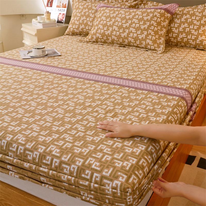 Classic Floral Pattern Fitted Sheet Set 100% Cotton Thickened Fitted Sheet Soft Skin-friendly Mattress Cover with 2 Pillowcases