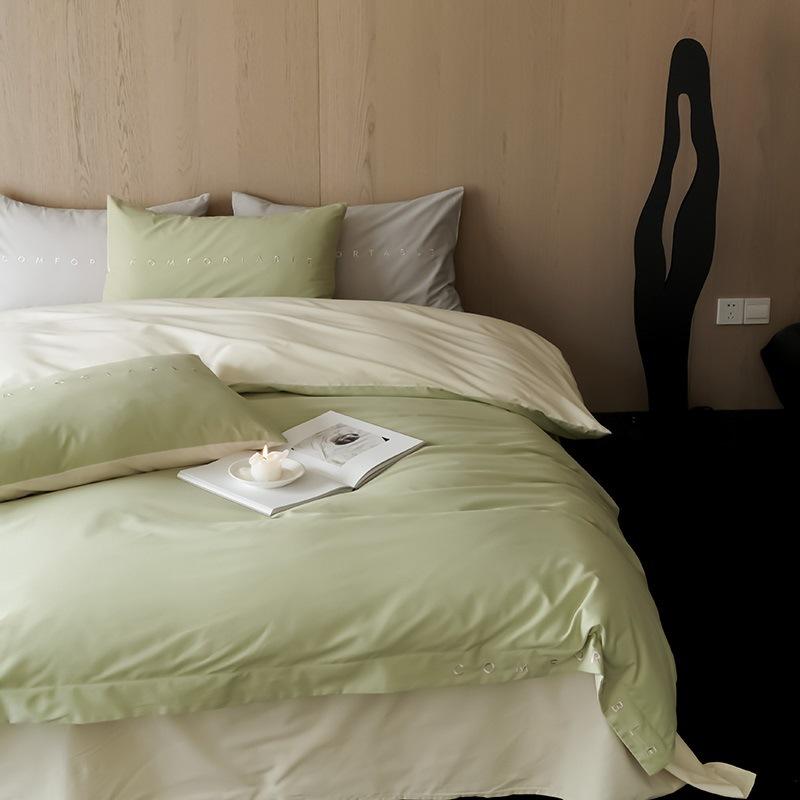 100S Cotton Abraded Four-Piece Set, High-Count Warm And Thickened Pure Cotton Quilt Cover, Bed Sheet, Mattress, Simple Embroidery