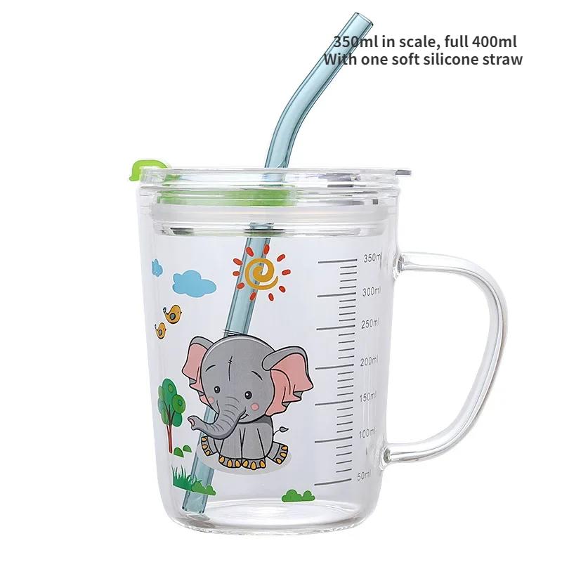 Klassischer heizbarer Milchbecher mit Strohhalm, Kreativer süßer Cartoon-Kaffeebecher, Verdickter hitzebeständiger Glas-Messbecher, Fruchtsaft-Trinkgeschirr