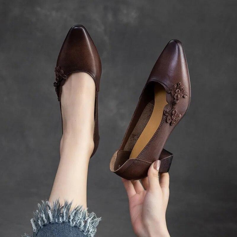 Johnature Scarpe con tacco alto a punta stile etnico Scarpe da donna con décolleté poco profonde in vera pelle retrò versatili