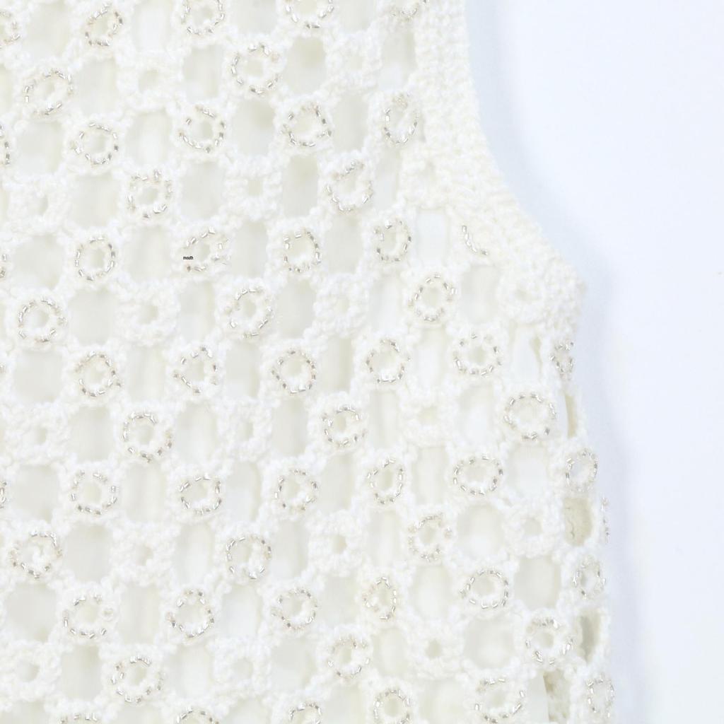 French Style Sleeveless White Knit Vest with Studded Detailing for Women