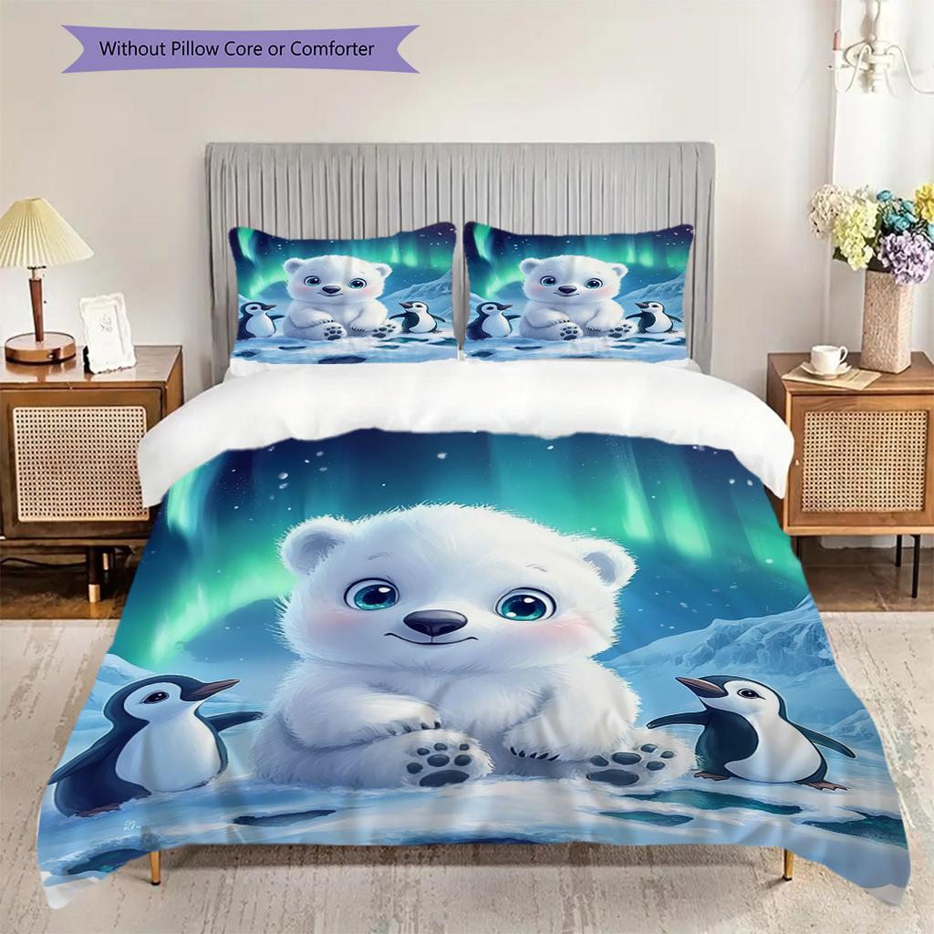 Polar Bear Pattern Bedding Quilt Set Quilt Cover Pillowcase Home Decoration Birthday Gift (1 * Duvet Cover + 2 * Pillowcase, Without Core)