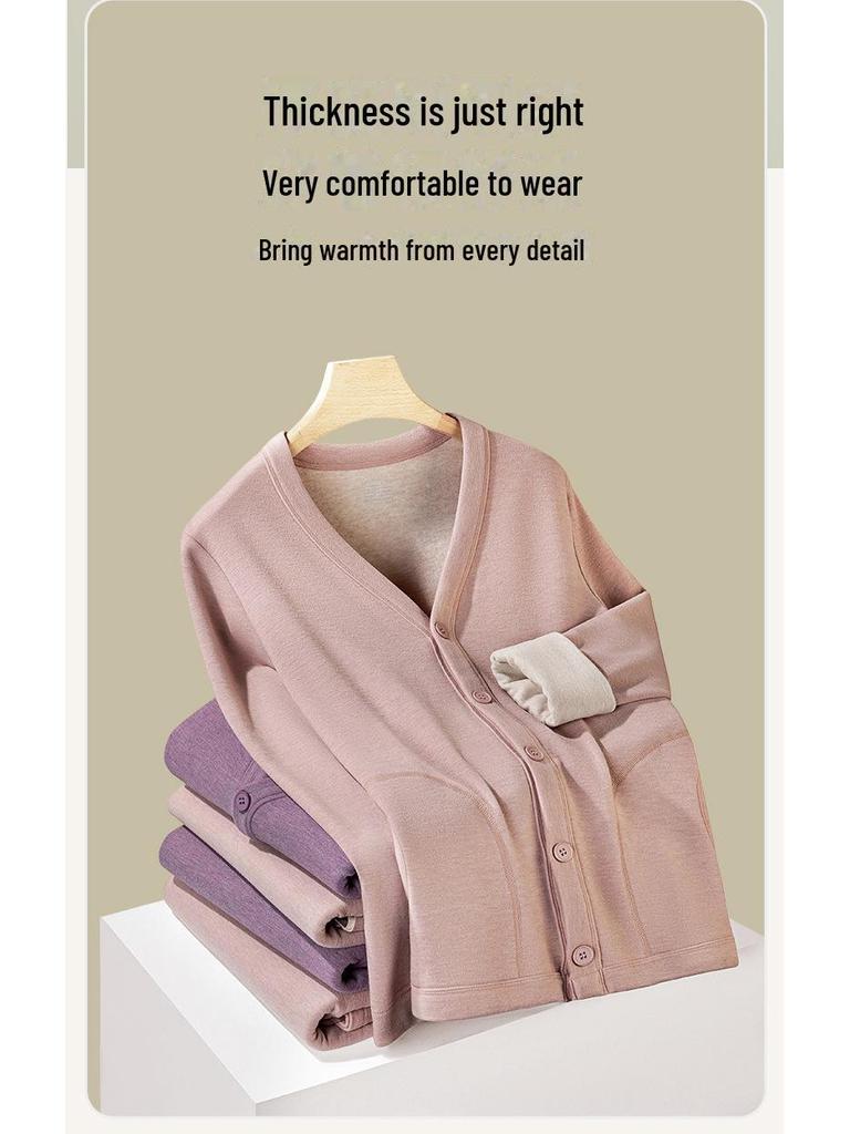 Kardigan damski pluszowy termiczny z naszywką z sierści wielbłądziej na jesień/zimę - wiek średni do starszego