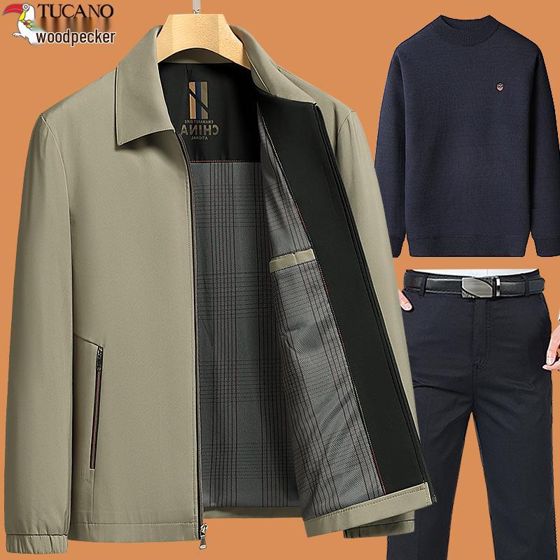 Woodpecker 2025 Dad Outerwear Set: Men's Spring and Autumn Jacket for Middle-Aged and Elderly
