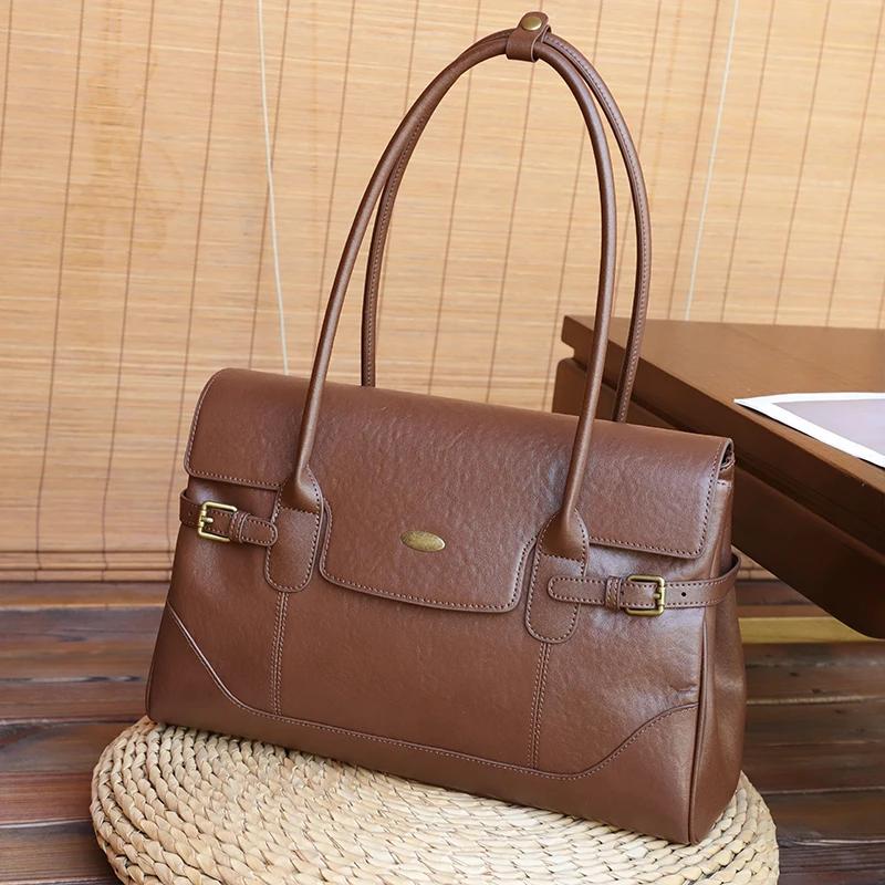 Women's Top-grain leather Underarm Bag Ladies Luxury Designer Genuine leather Handbags Large Capacity Commuting Tote Bags
