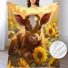 Flannel Blanket with Cute Cow And Sunflower Patterns, Soft And Warm Blanket, Suitable for Sofa Blanket, Home Leisure Blanket, Air-Conditioning Blanket