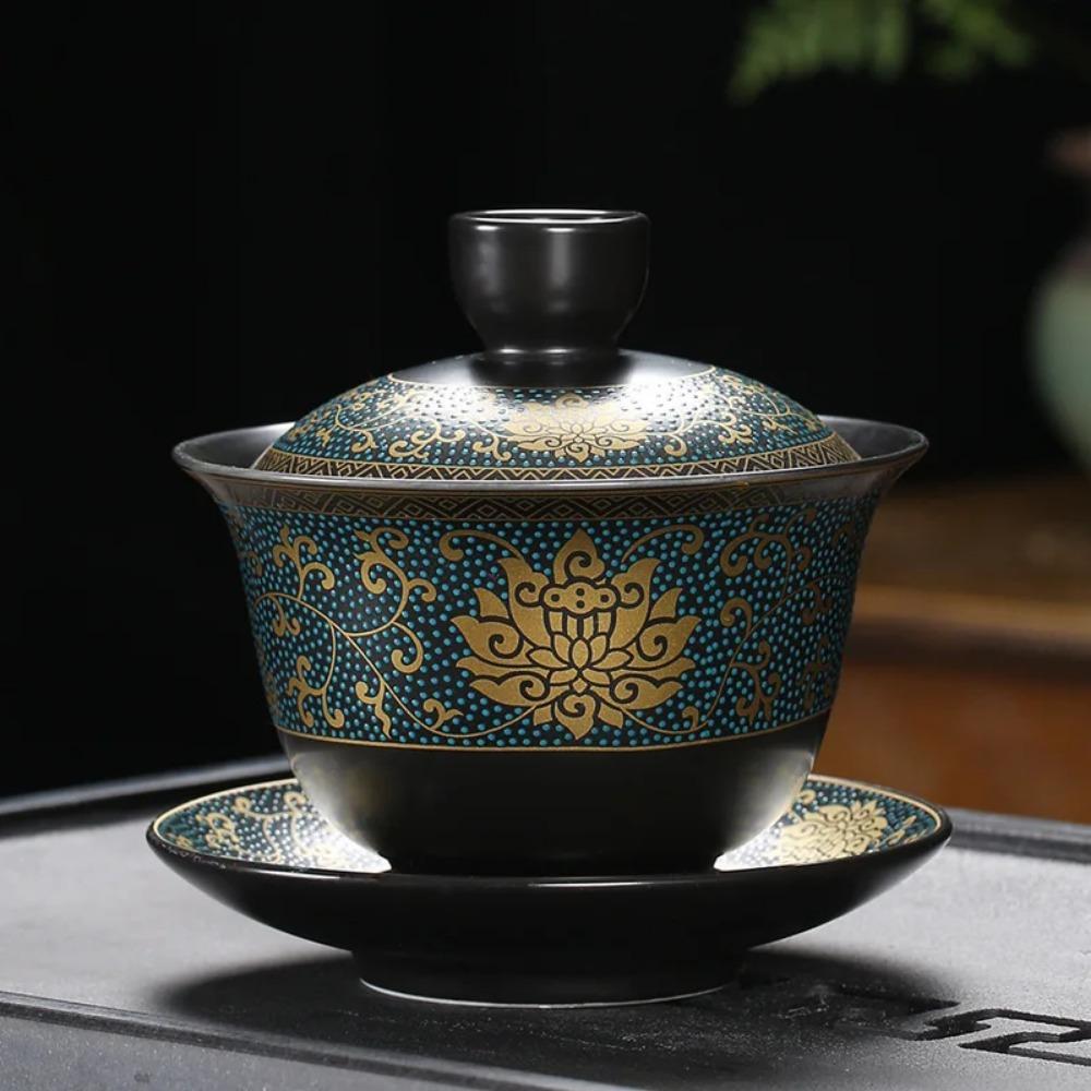 Chinese Teaset Classical Gaiwan Tea Cups Black Clay Tureen 180ml Lid Bowl Saucer Traditional Handmade Tea Brew Tea Cup