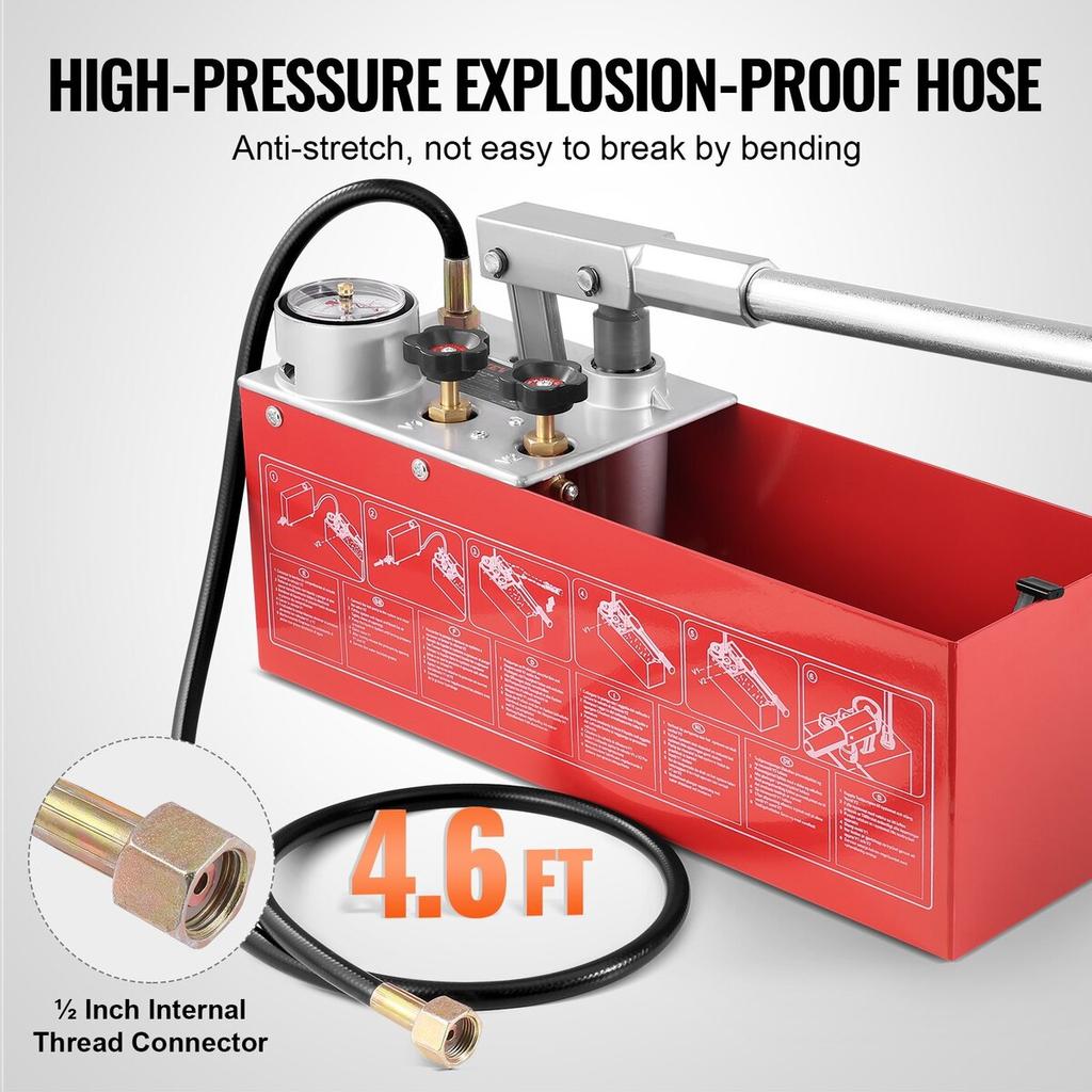 Hydrostatic Test Pump, Max 25 Bar/362 PSI, Dual Valve Hydraulic Manual Water Pressure Tester Kit with Gauge 10L Water Tank, 1.4 M Hose with 1.27 Cm