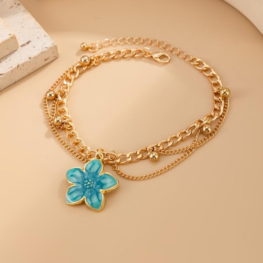 Gold Oil-Dripped Foot Chain Adjustable Beach Jewelry Simple Flower Pendant Anklet  Party