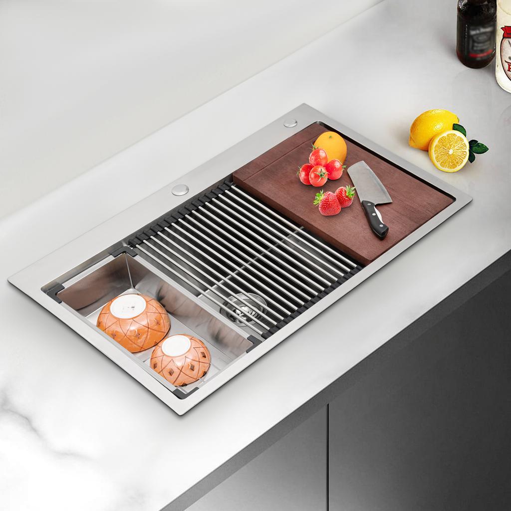 33In 304 Stainless Steel Kitchen Sink, Single Bowl Drop-In Sink with Accessories, Modern Design for Remodeling, Sink Workstation