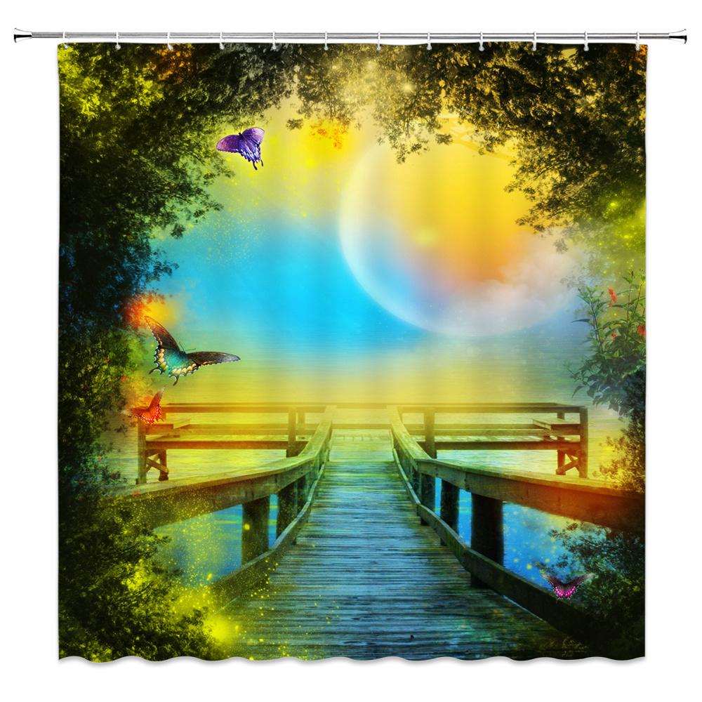 Natürliche Landschaft Duschvorhänge Wasserfall Grüne Wiese Blume Frühling Landschaft Badezimmer Dekor Wasserdichtes Stoffvorhang-Set