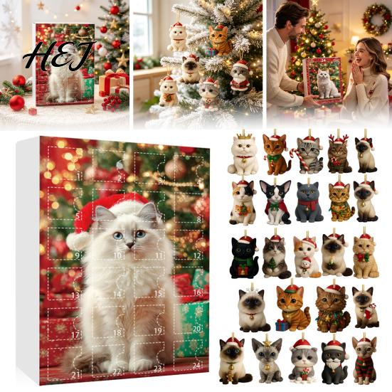 Holiday Countdown Gift Box 24 Day Cat Advent Calendar with Acrylic Christmas Ornaments, 2D Flat Animal Themed Ornaments Hanging Decorations, Xmas Tree