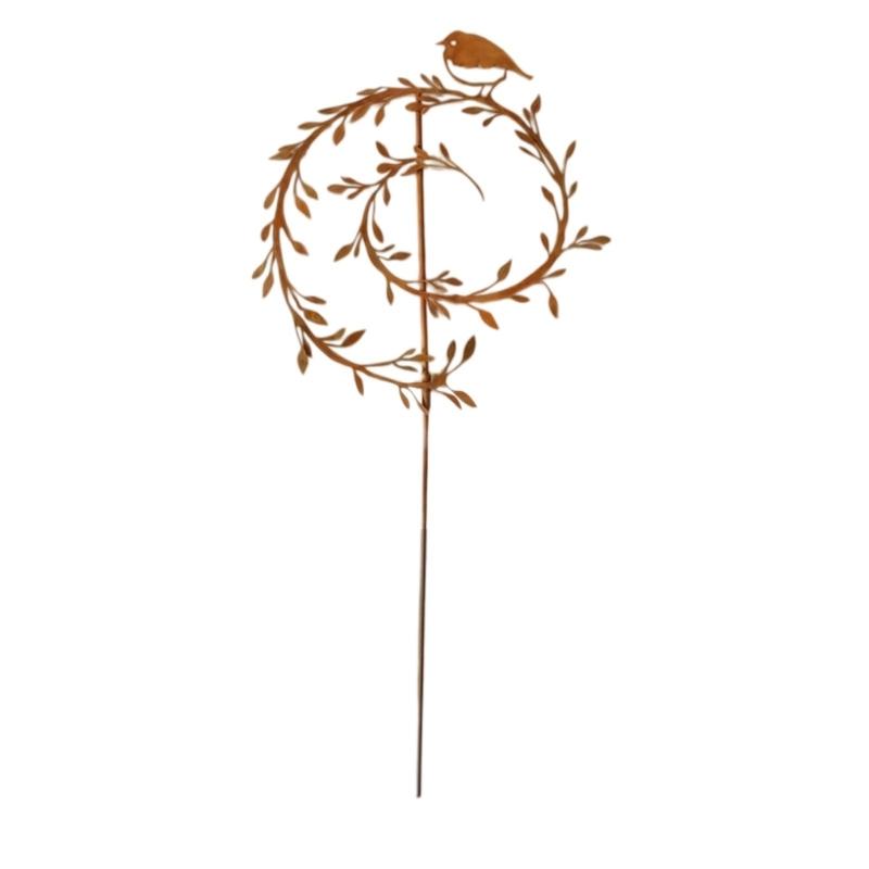 Iron Garden Stake with Aged-Look Brown Finish and Bird Detail for Flowers, Lawn Edges, and Suitable Soil Placement