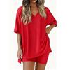 Damen V-Ausschnitt Kurzarm Oversize Oberteil Elastische Taille Taschenshorts Loungewear Schlafanzug Set Lässiges Zweiteiliges Outfit