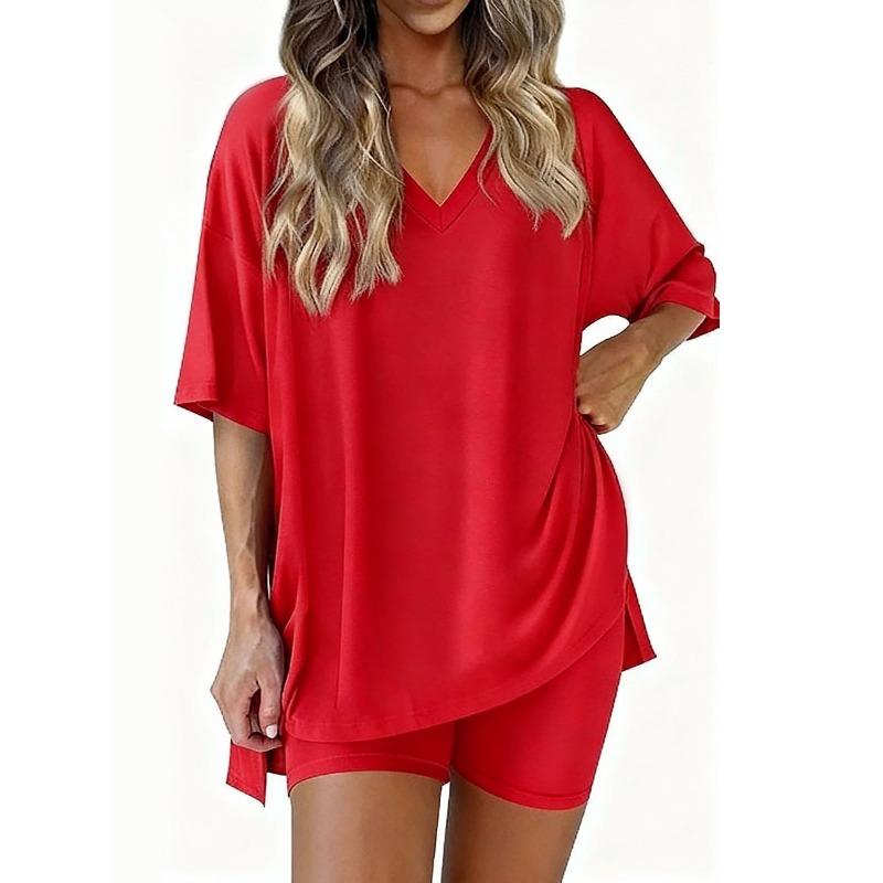 Damen V-Ausschnitt Kurzarm Oversize Oberteil Elastische Taille Taschenshorts Loungewear Schlafanzug Set Lässiges Zweiteiliges Outfit