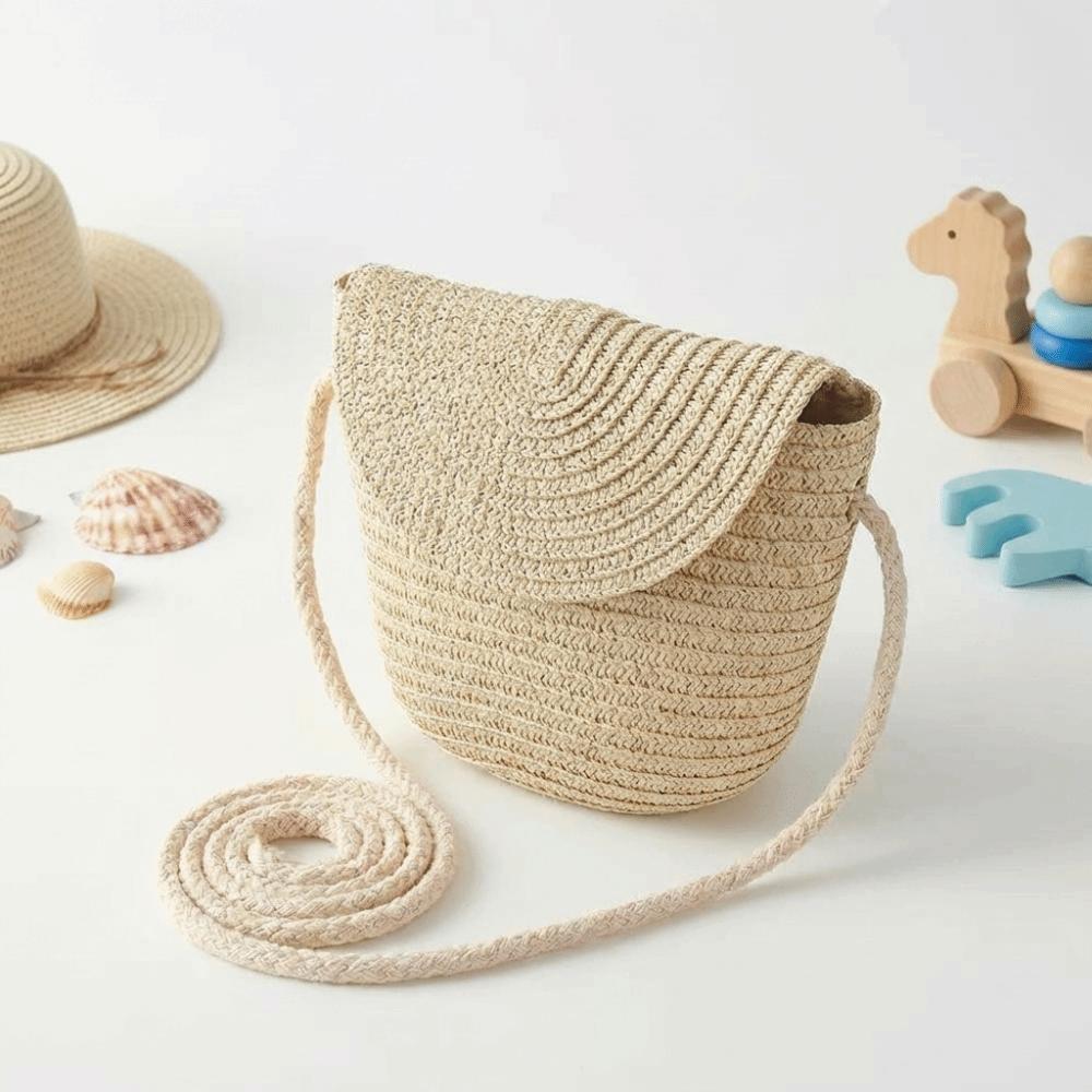 Shell Shape Kid Woven Crossbody Bag Pure Color Rattan Bag Cute Children Straw Bag  Girls
