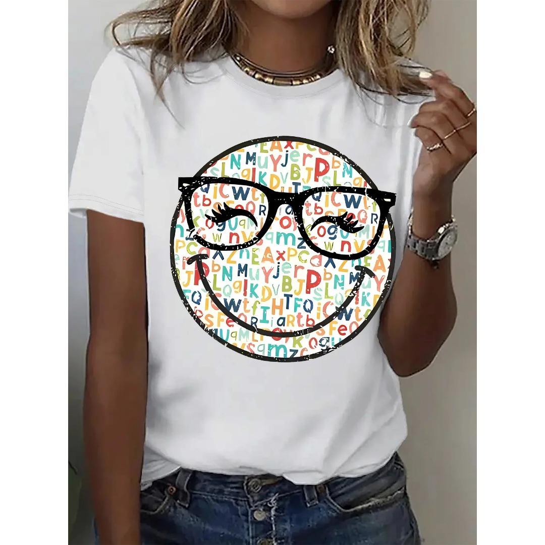 

Summer Round Neck Colorful Smile Face Pattern Printed Top Fashionable Casual Pure Cotton Short Sleeved Women s T-shirts S