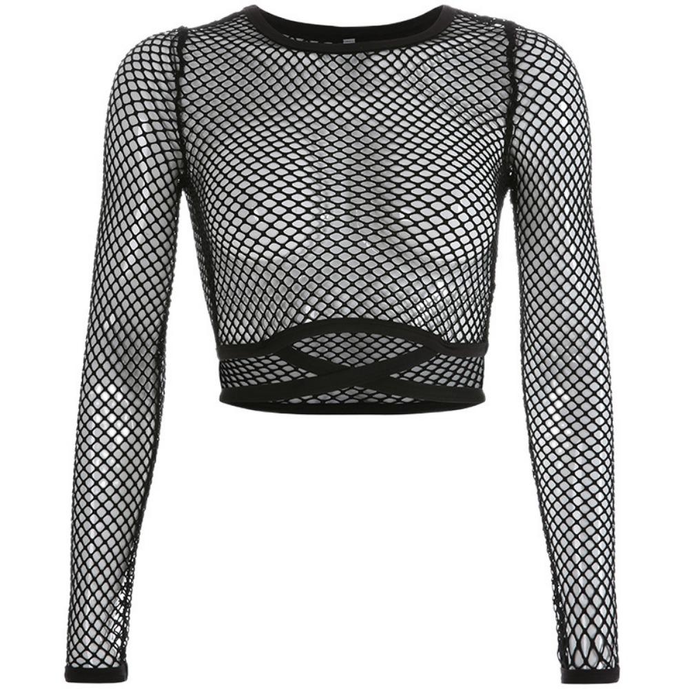 Grid Spliced Cross-banded Hollow Sunscreen Shirt Sexy Perspective Shorts Navel T-shirt Top