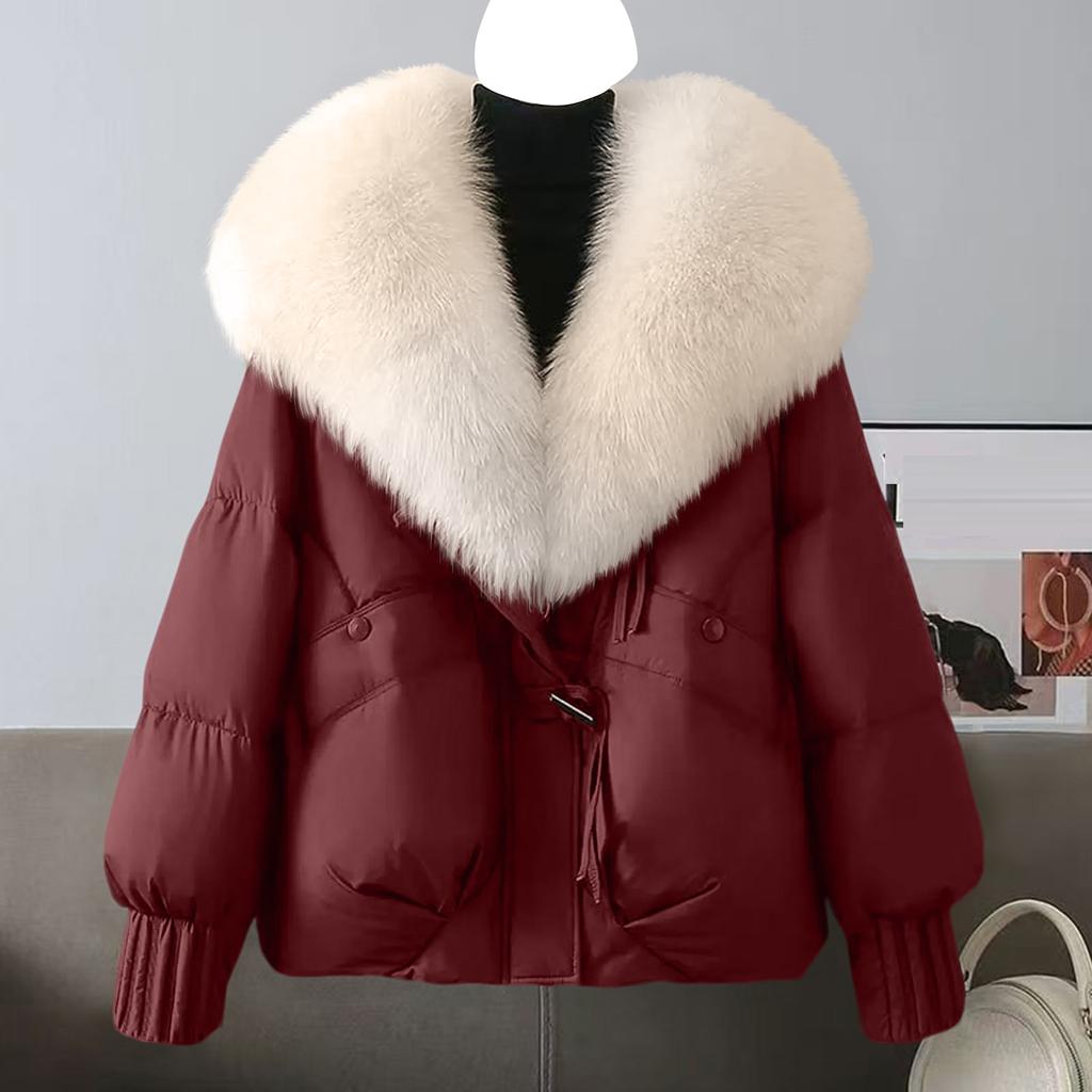 Women's Color Thick Warm Coat with Faux Collar for Winter