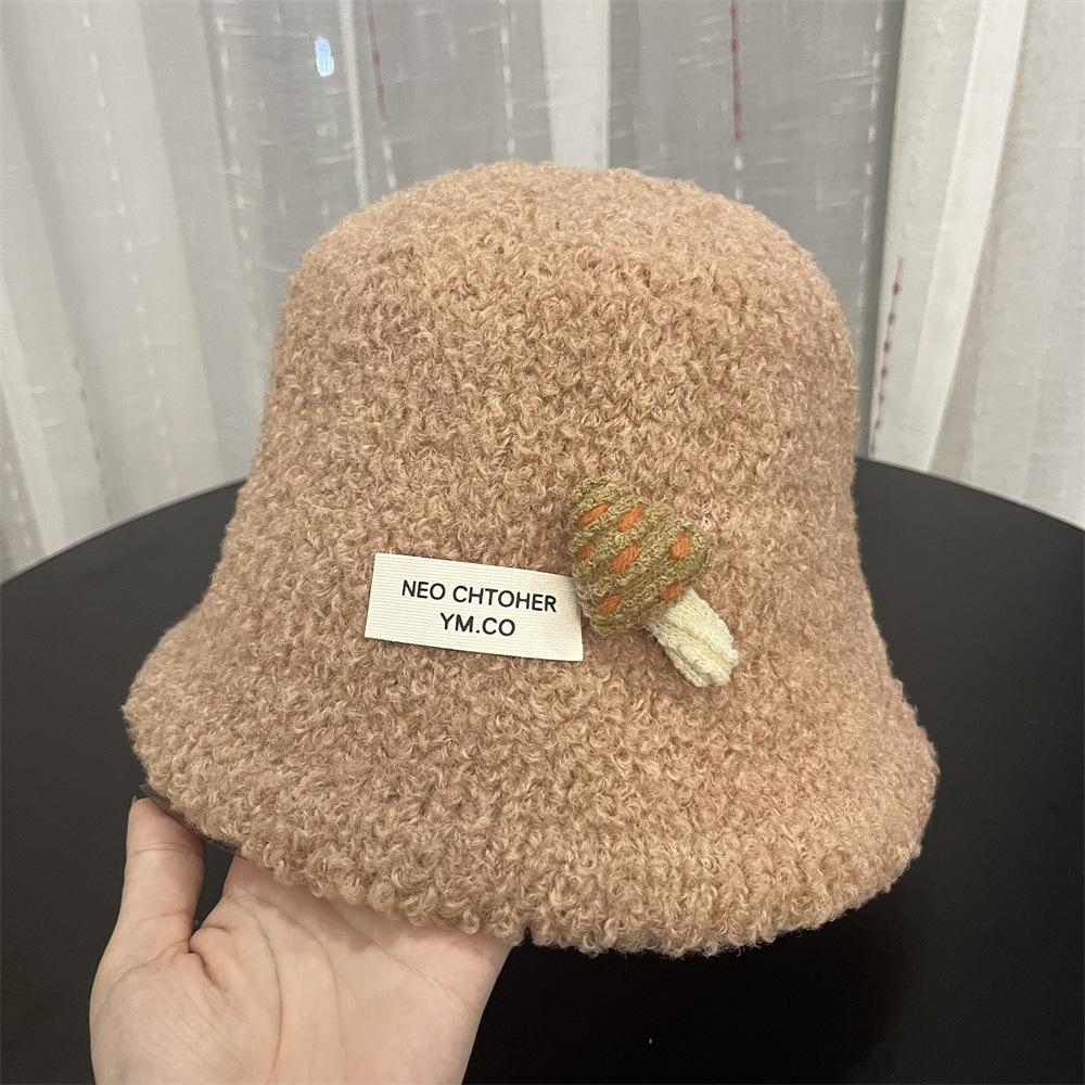 Cute three-dimensional mushroom bucket hat autumn and winter new lamb wool warm and cold-proof split bucket hat female