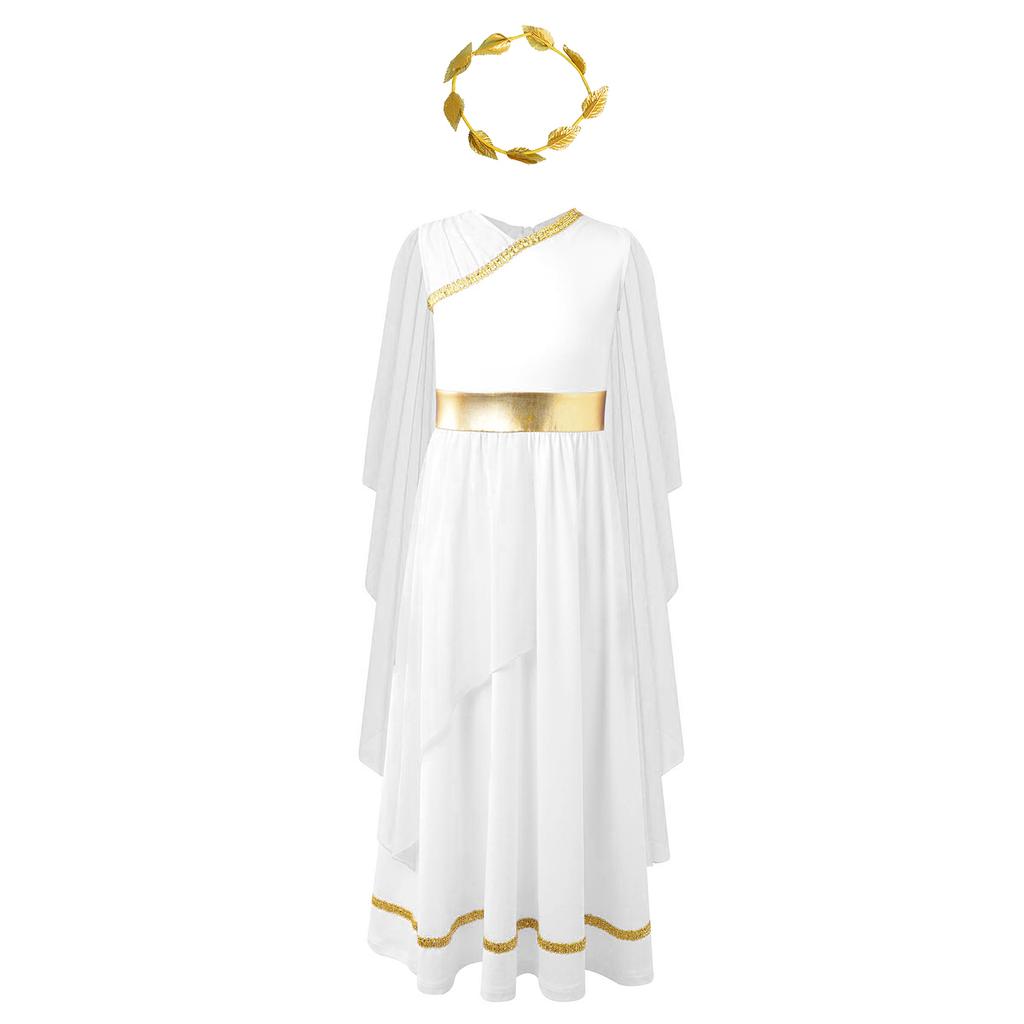 Girls Halloween Ancient Greek Costume Sleeveless Shawl Patchwork Flowy Tulle Dress Head Wreath Headwear