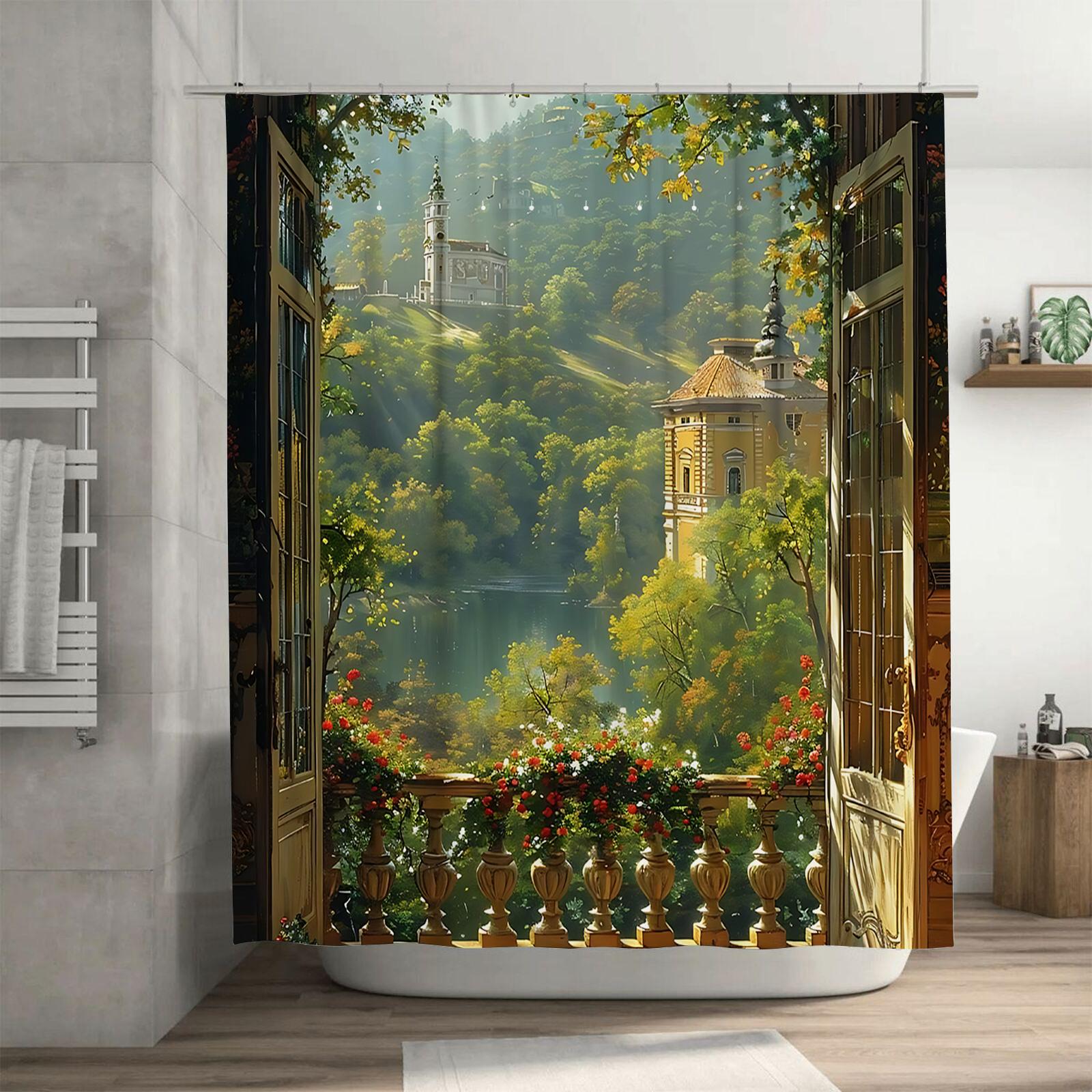 Dunika Chen Enchanting European Landscape Shower Curtain - Artistic View Of Historic Buildings And Lush Greenery Waterproof Durable