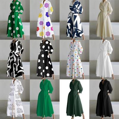 2026 European & American Casual Commuting Polo Collar Dress with Long Sleeves & Elastic Waist