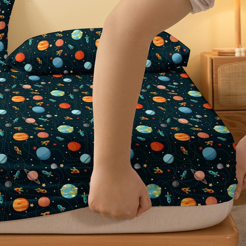 1 Cartoon Fun Printed Matte Fitted Sheet, Bedroom Printed Bed Cover, Bedding (Excluding Pillowcases)