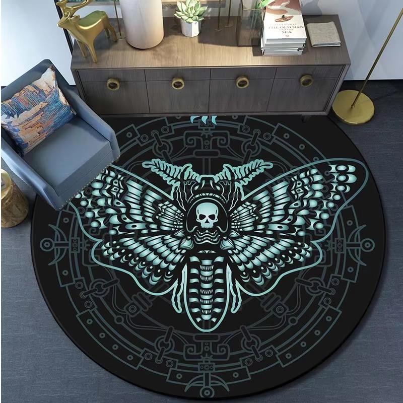 Death Moth Round Carpet Gothic Skull Round Floor Mat Butterfly Moon Living Room Carpets Bathroom Kitchen Area Rug Doormat Decor