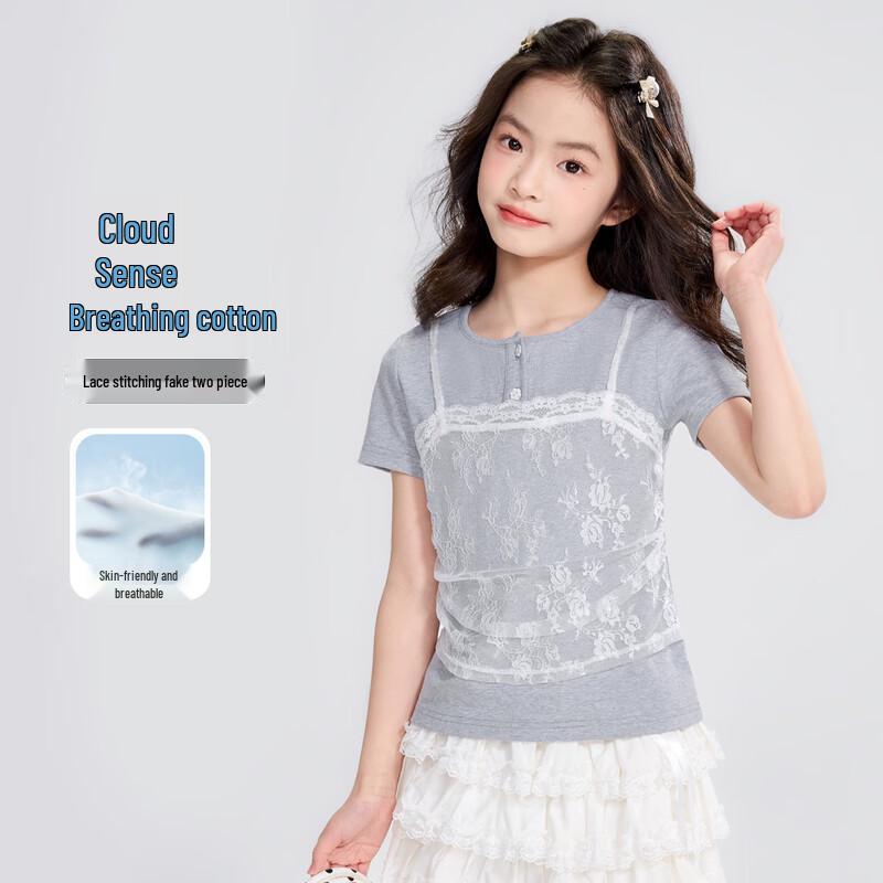 Girls  Sweet Lace Splicing Fake Two-Piece Short Sleeve T-Shirt 120