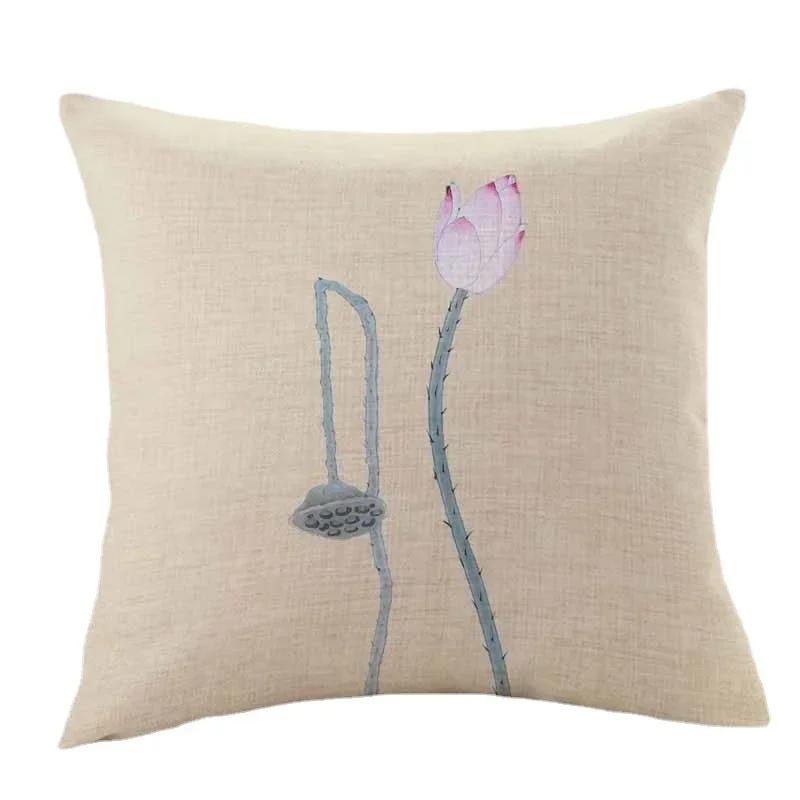 New Lotus Cushion Cover Printed Linen Pillow Cover Chinese Style Home Pillow Cushion Cover Sofa Living Room Beige