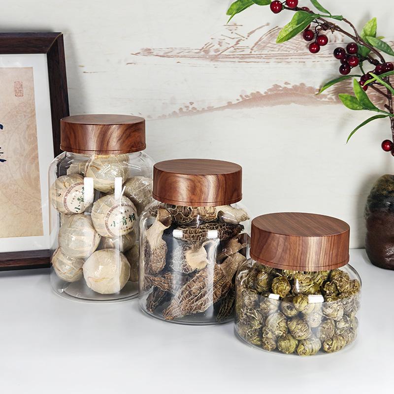 PET Plastic Storage Jar with Imitation Wood Grain Lid, High Transparency, Food Grade for Medicine, Herbs, Tea, Flowers, Grains, and Nuts.