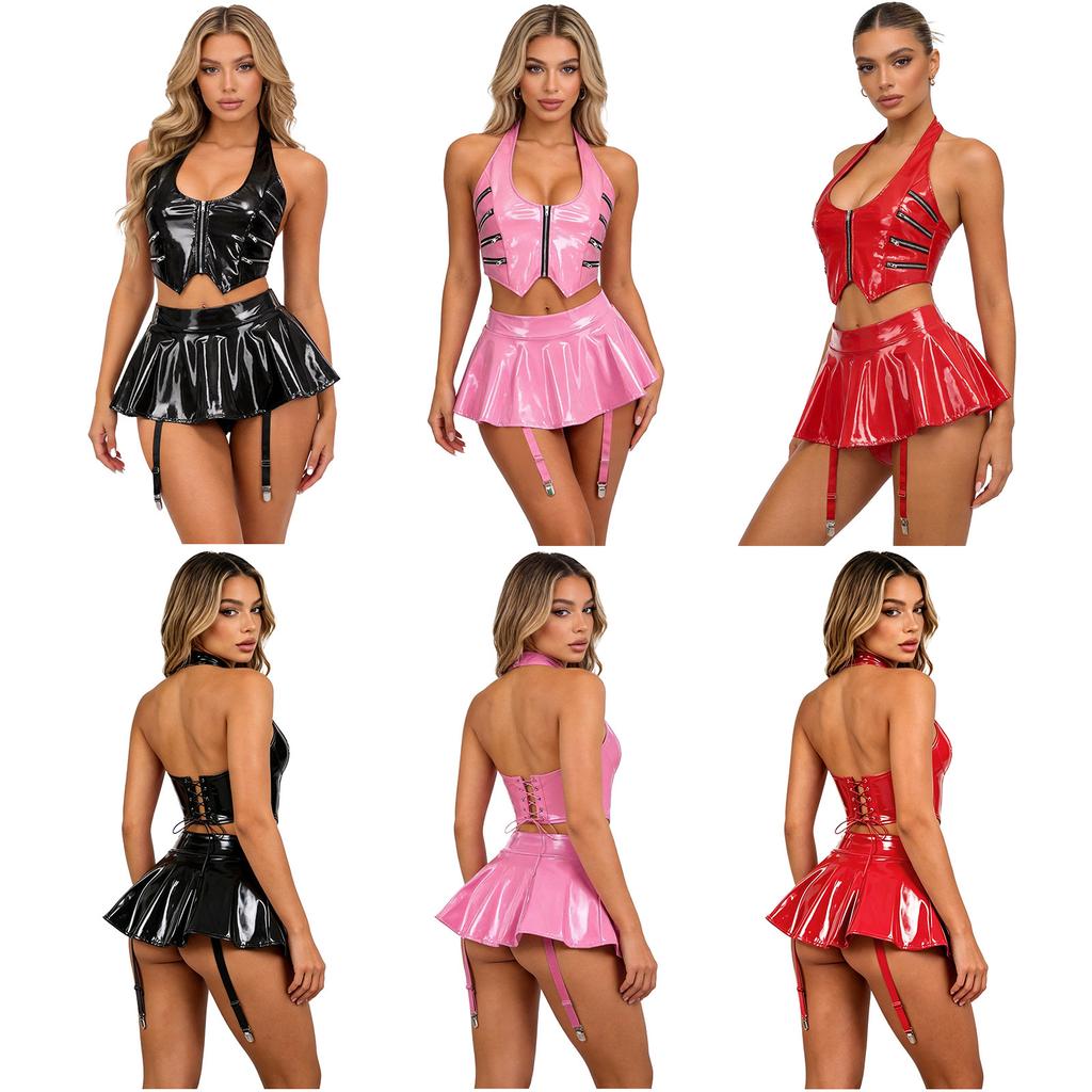 Damen PU-Leder Crop Top Neckholder Schnürung am Rücken Eingearbeiteter Slip Miniröck Strumpfhalter-Clips Clubwear Set