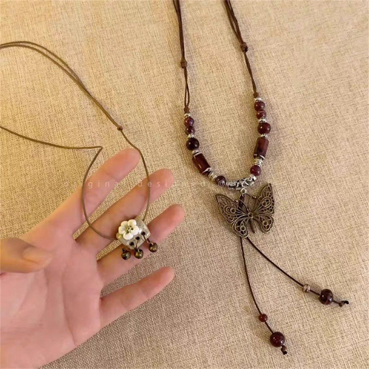 New Chinese Butterfly Necklace~ Ethnic Style Beaded Ceramic Wood Clavicle Chain 2025 New Sweater Chain Women
