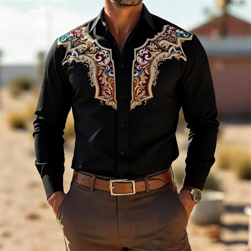 Men's Retro Fashion Printed Long-Sleeve Shirt, Western Cowboy Style, Slim Fit Casual Shirt, Comfortable Fabric, Sizes XS-6XL