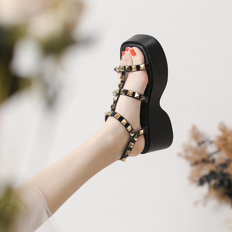 Summer New Casual Versatile One-word Buckle with Sandals Women's Rivets Flat-soled Thick-soled Open-toed Shoes