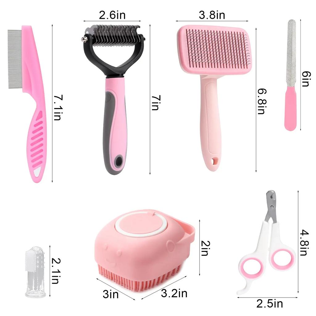 8-teiliges Hundebürstenpflegeset, Haustier-Selbstreinigungsset, mit Haustier-Nagelknipser und -feilen, Flohkamm, Haustier-Shampoo-Badebürste, Haustier