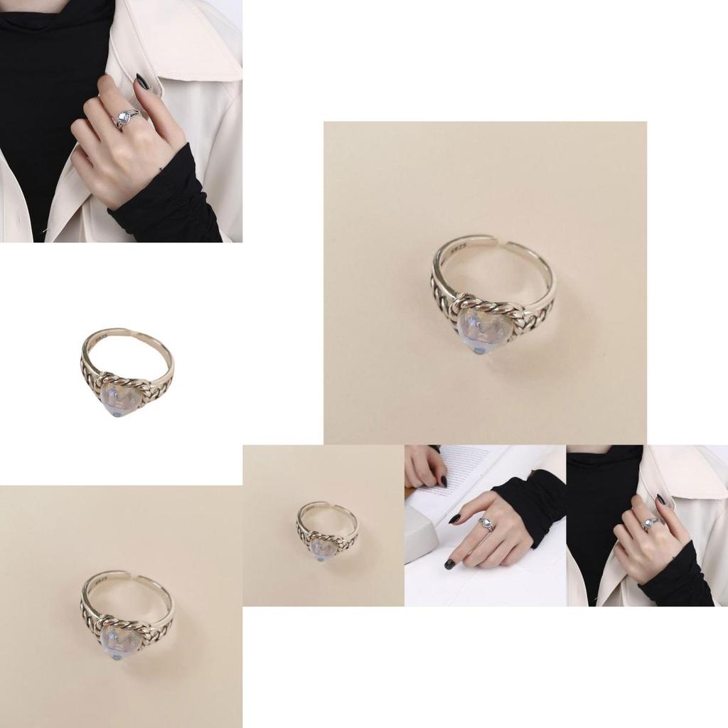 Elegant S925 Silver Double Layer Heart Moonstone Woven Ring For Trendy Girls