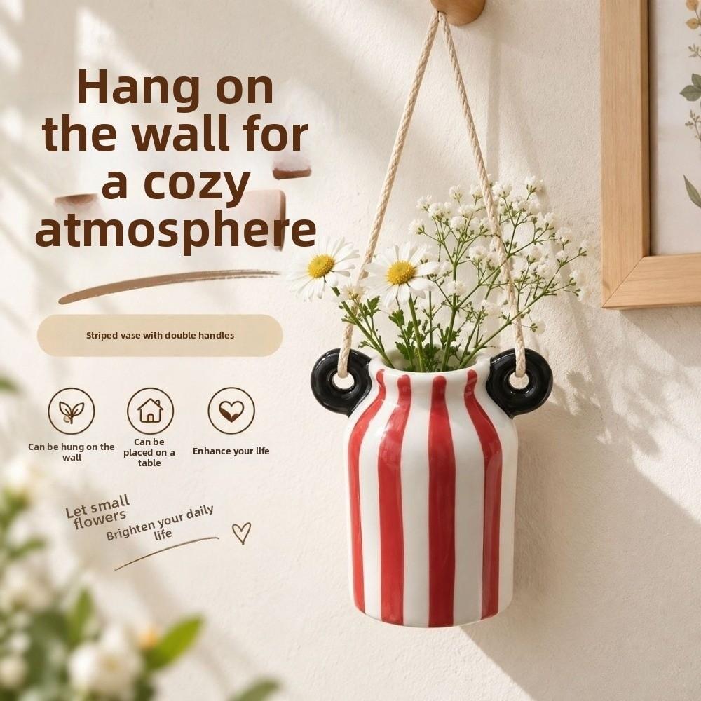 Double Handle Striped Flower Pot INS Wall Mounted Planter Hydroponic Vase Housewarming Gift
