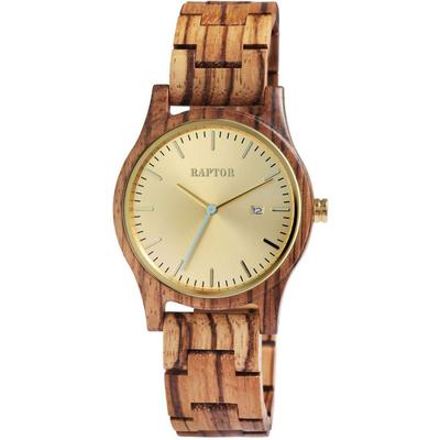 Montre - RAPTOR - Malte - Boîtier Bois Zébrano - Bracelet Maillons Bois Marron - Cadran Doré 41 Mm