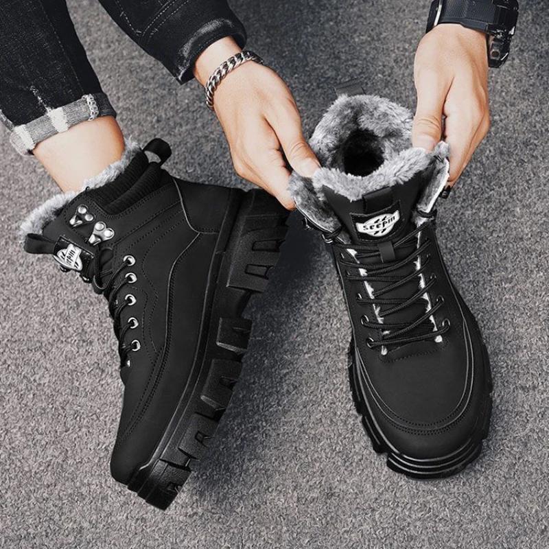 Men's Plush Winter New Thick Soled Lace Up Work Shoes, Casual and Fashionable, Cold Resistant and Warm Cotton Short Boots