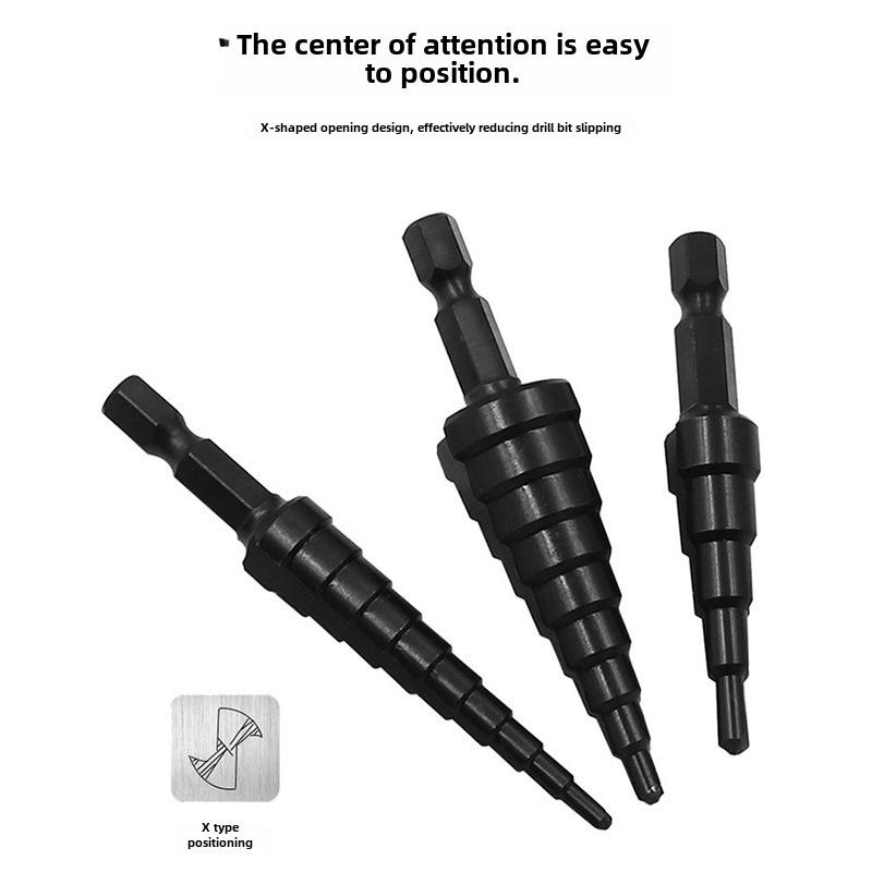 High-Speed Steel Step Drill Set with Nitrided Black Hexagonal Handle, Straight Groove, 3-12mm, 4-12mm, 4-20mm Sizes - Pagoda Drill Opener
