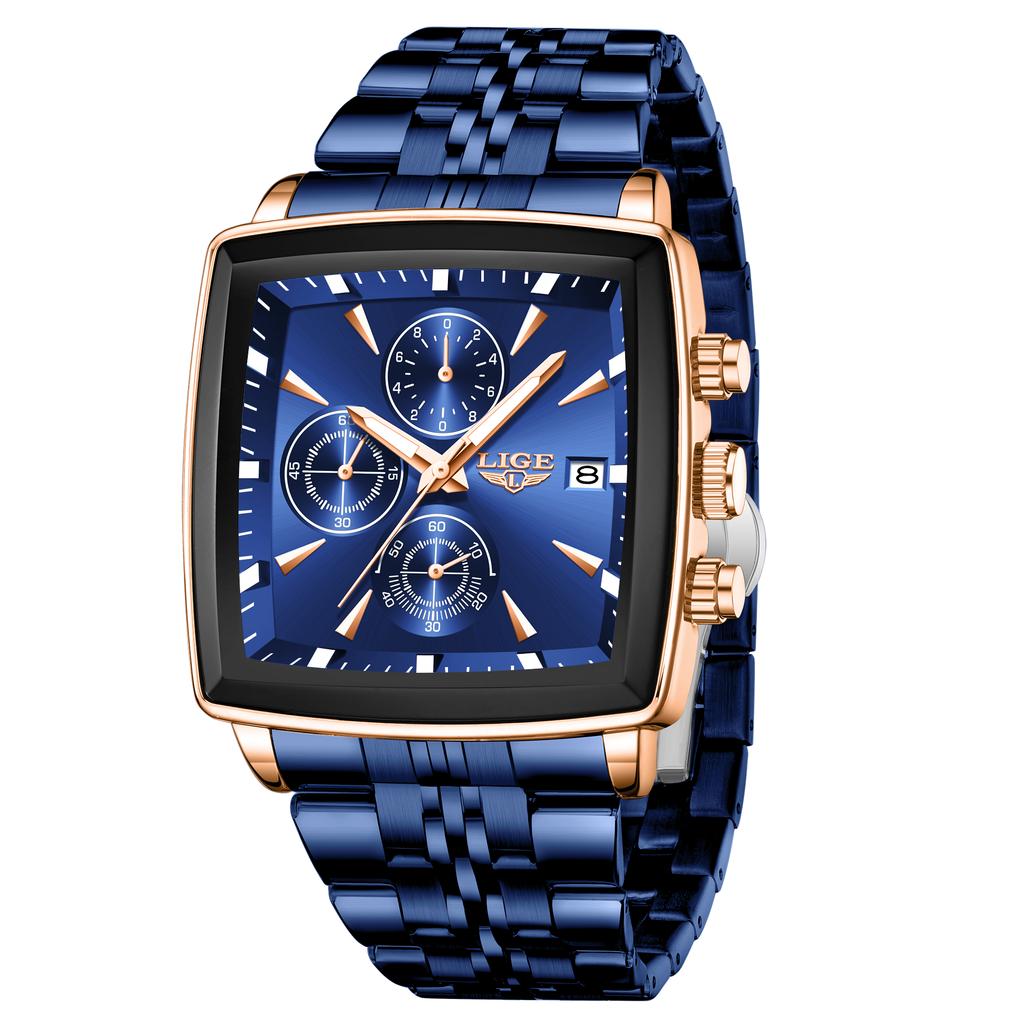 LIGE Top Brand Luxury Mens Watches Fashion Military Square Chronograph Quartz Wristwatches For Men Sports Waterproof Watch Men