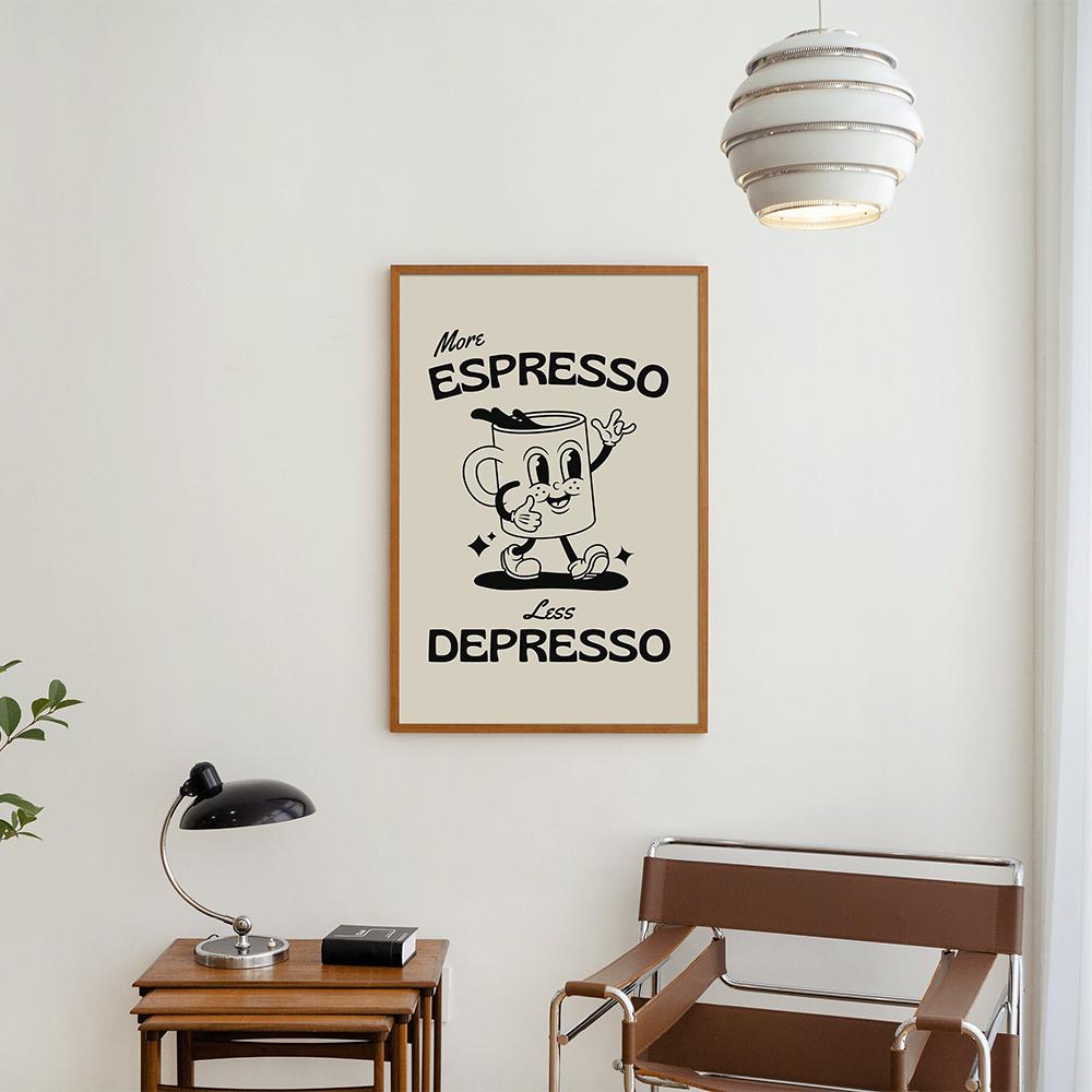 Retro Cartoon Character Coffee Canvas Painting Print Fun Kitchen Poster More Espresso Less Depresso Quote Wall Art Picture Decor (with Frame)
